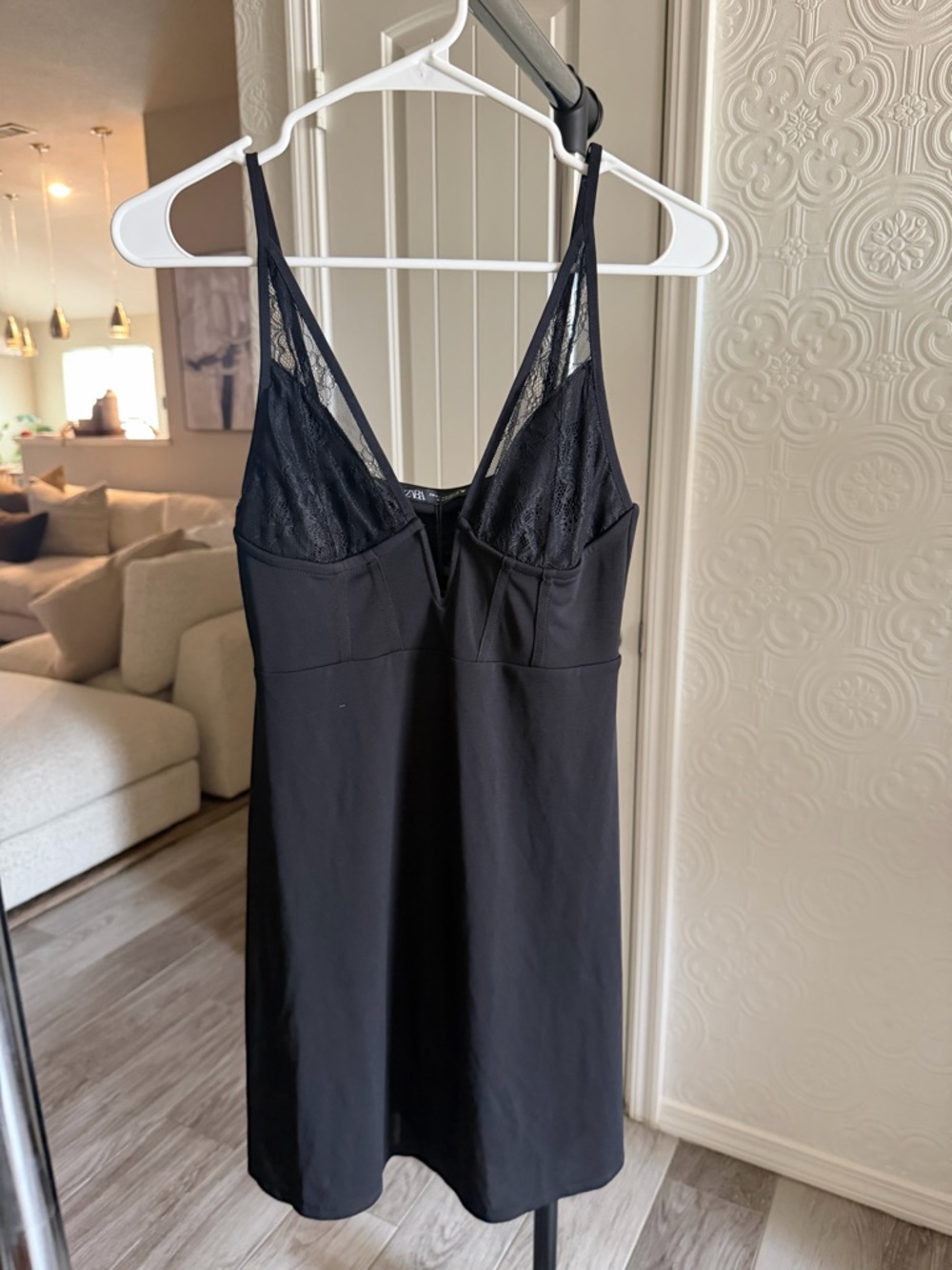 Zara Black Lace-Trim Slip Mini Dress